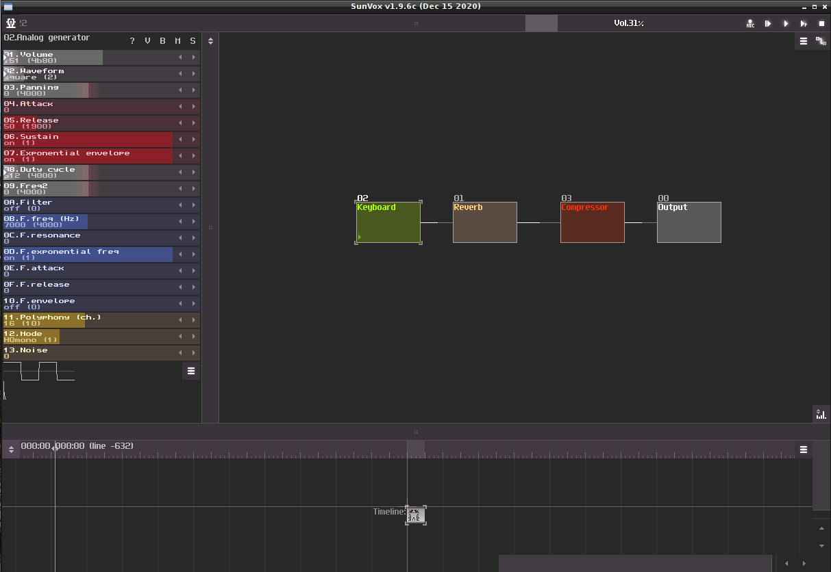 Screenshot of the SunVox GUI with four elements in a line