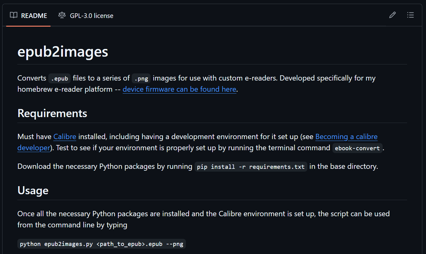 Screenshot of the README for the `epub2images` Github repository
